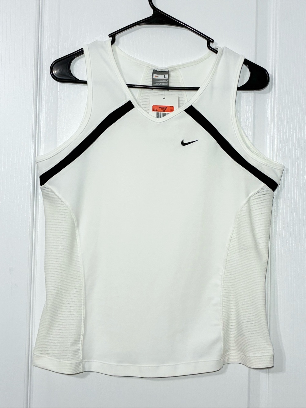 Nike Fit Dry V Neck Performance Tank Top Back Mesh Insert White Black Size Large